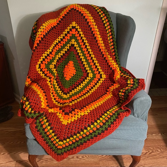 Vintage Handmade Crochet Square Afghan Throw Blanket